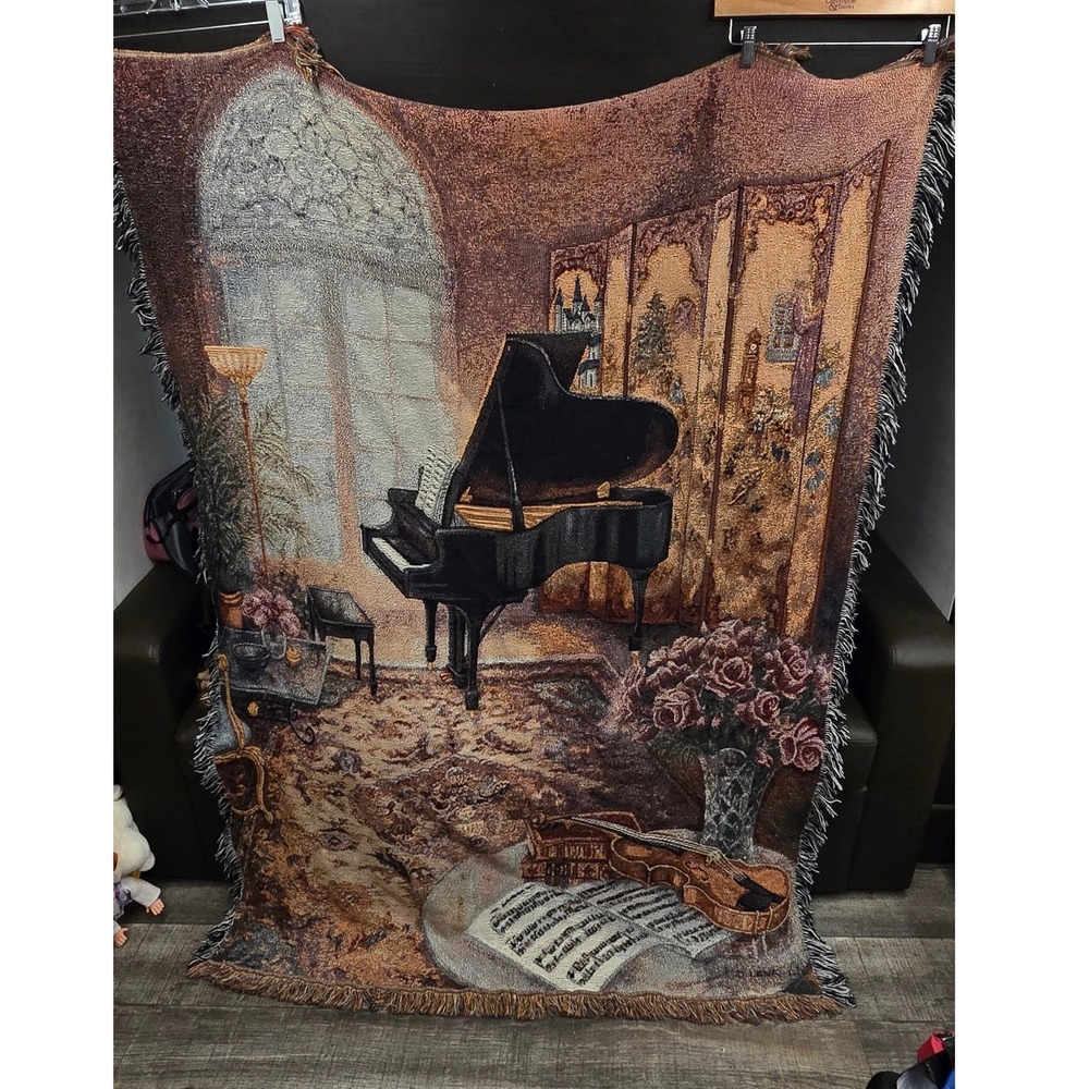 Vintage Lena Liu Woven Tapestry Throw Blanket Grand Piano Violin Musical Theme